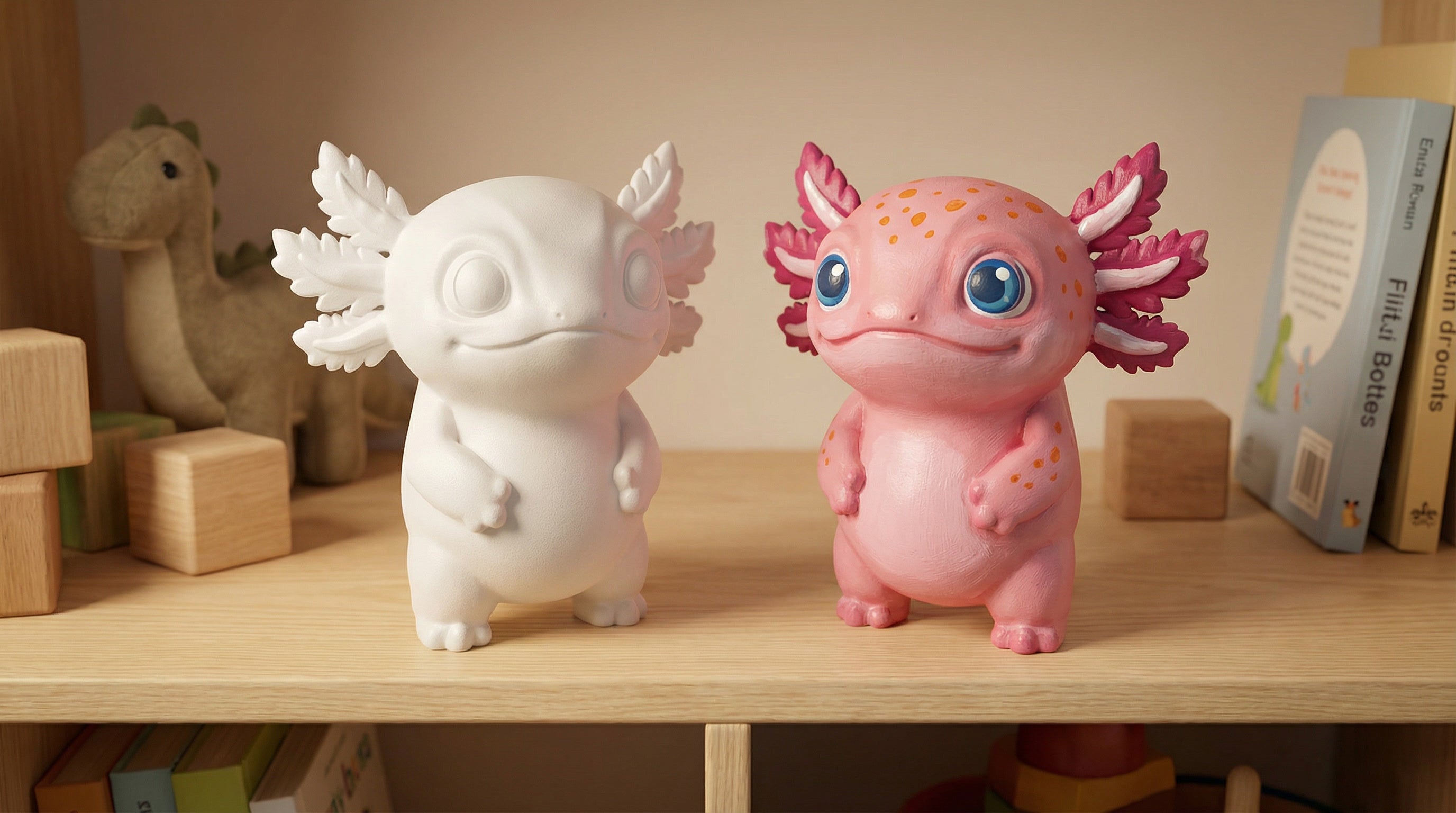 Two axolotl figurines, one white and one pink, on a wooden shelf with books and toys in the background.