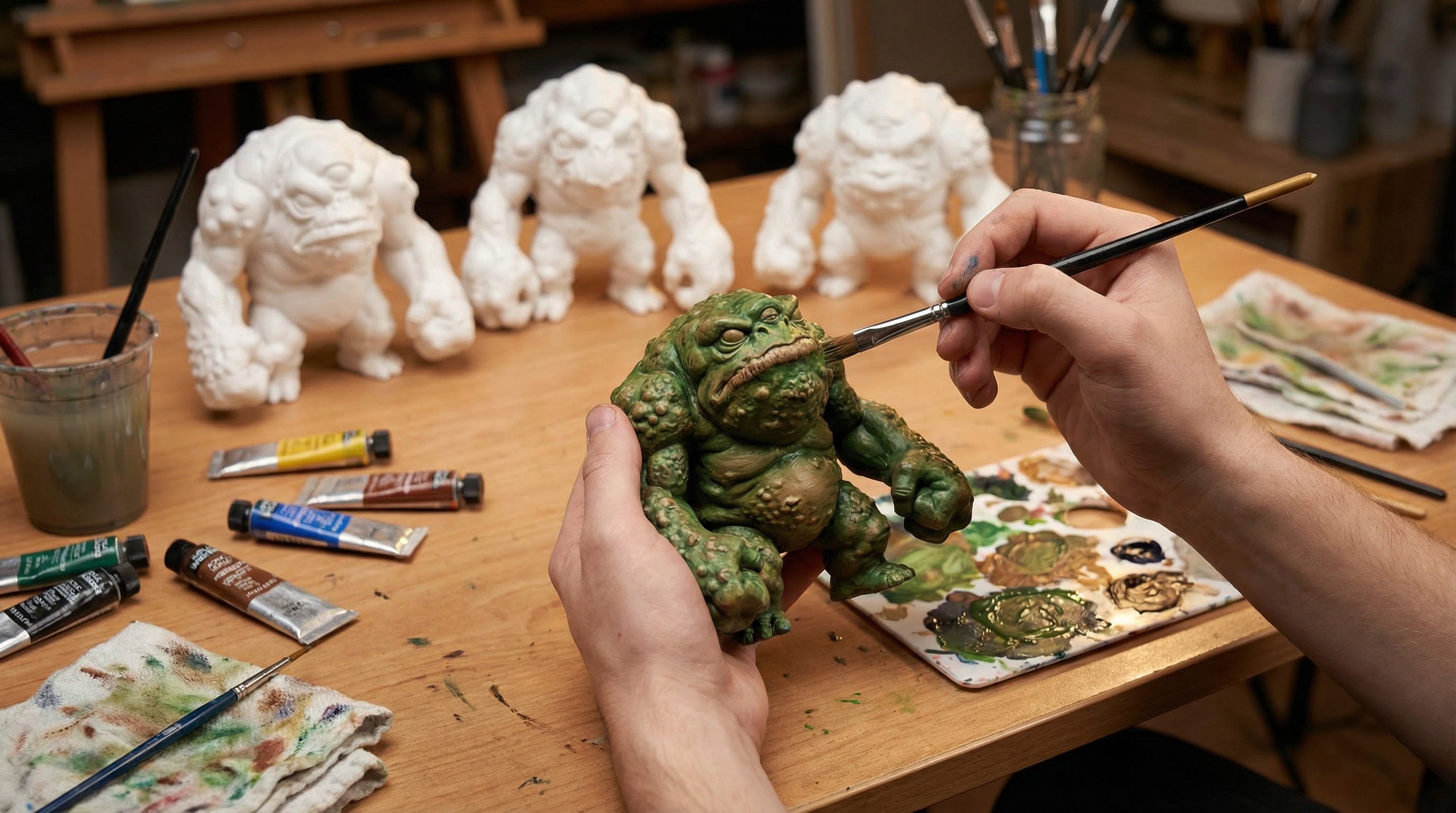 Person painting a small figurine on a wooden table with art supplies.